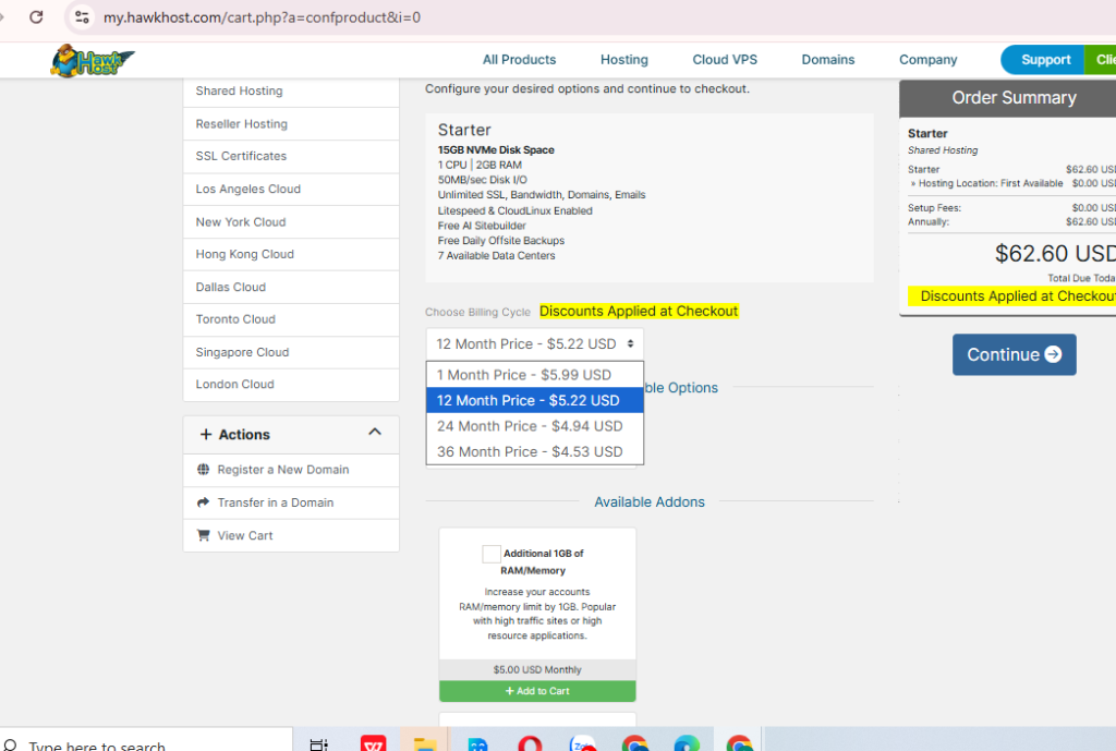 HawkHost checkout page