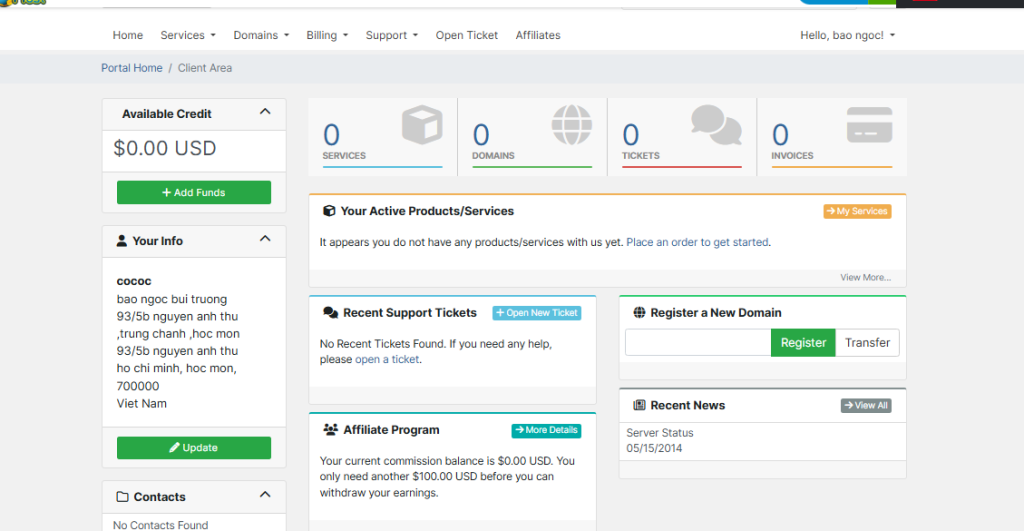 HawkHost Client Area dashboard