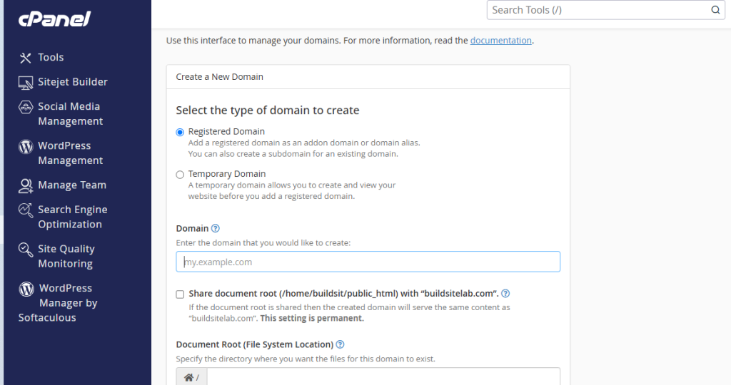 Document Root field in the Add Domain form.