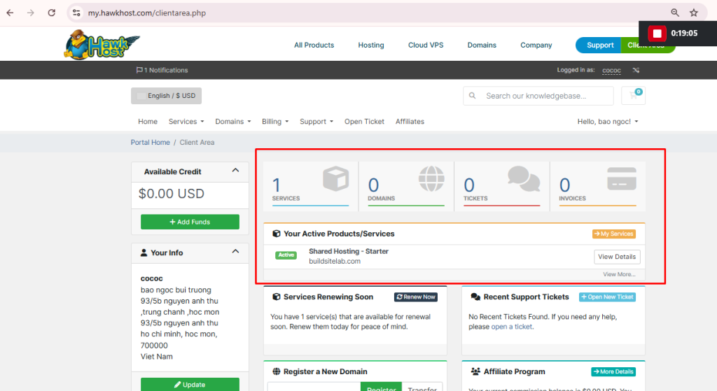 Dashboard after logging in.