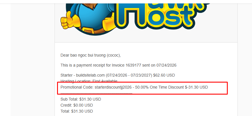 HawkHost billing area with invoices and due dates