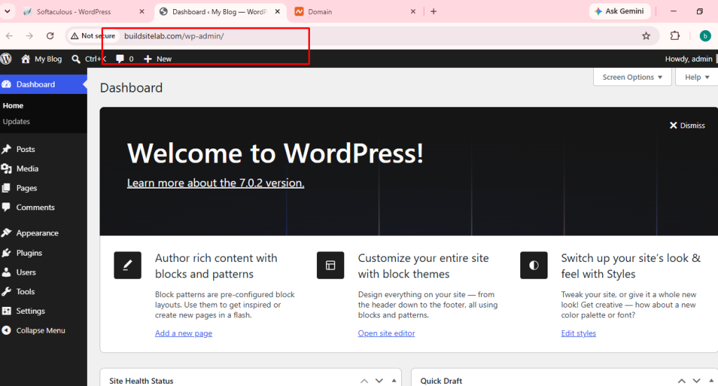 WordPress successfully installed on HawkHost