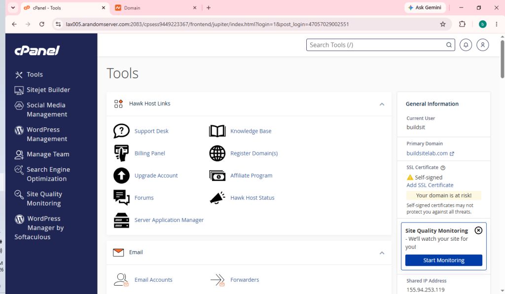 HawkHost Client Area showing the Login to cPanel button.