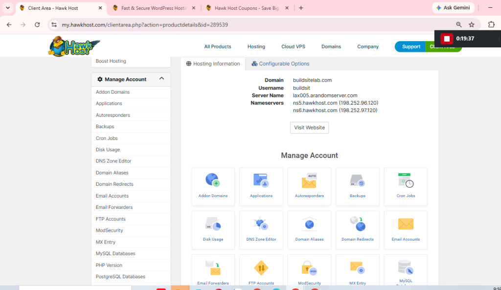 HawkHost Client Area dashboard with main sections labeled