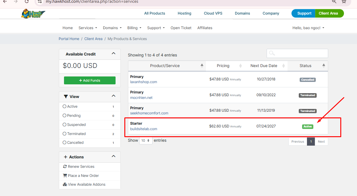 Manage domains in HawkHost Client Area