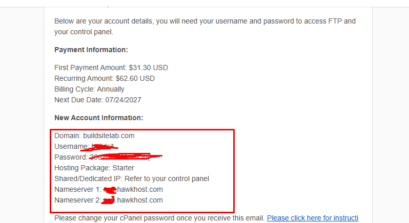 HawkHost New Account Information email with nameservers
