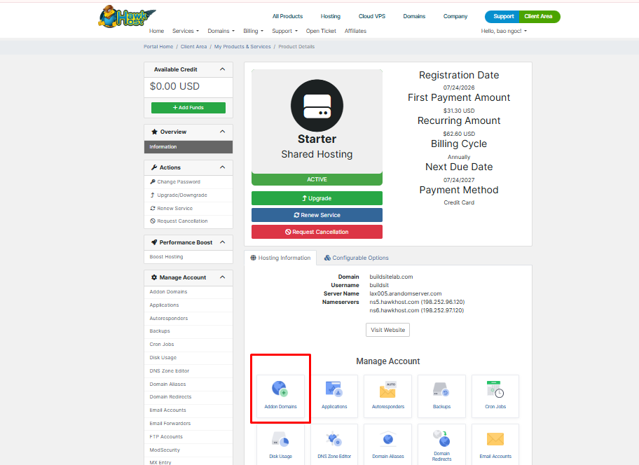 the HawkHost Client Area showing the active hosting service.