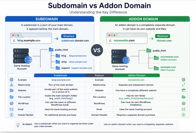 Side-by-side diagram comparing a subdomain and addon domain.