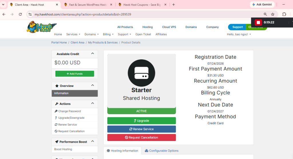  HawkHost My Services hosting account status