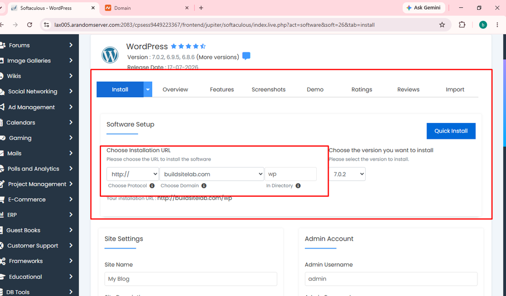 WordPress installation directory field left blank for the main domain