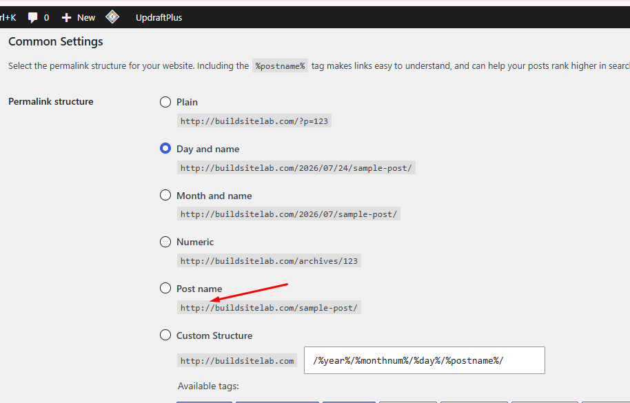 WordPress Post name permalink structure selected