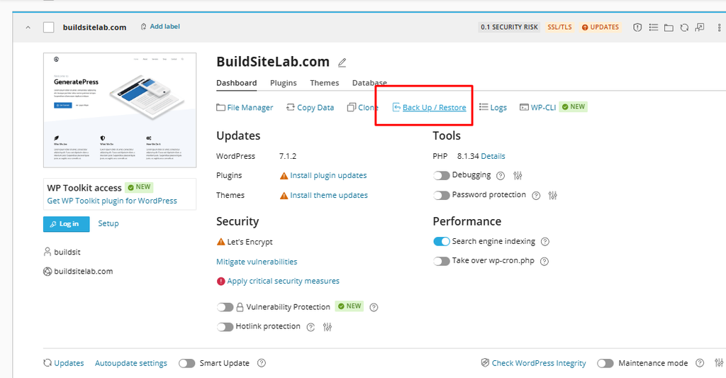 WordPress backup option in HawkHost WordPress Management