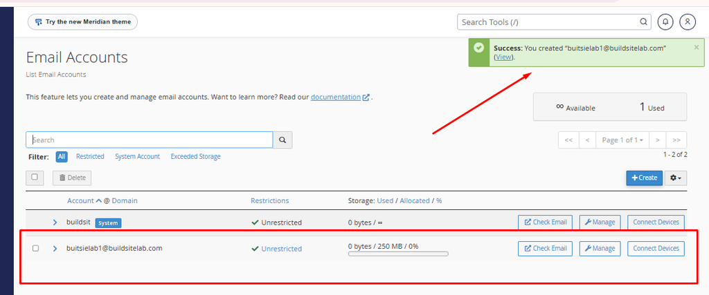 Email account successfully created in HawkHost cPanel