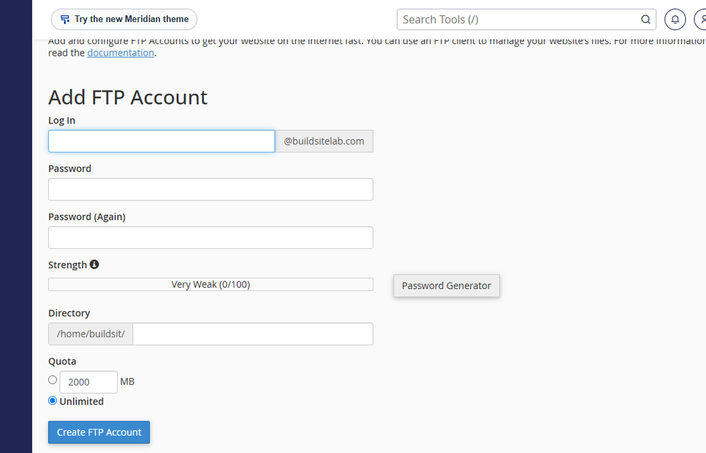 Create a new FTP account in cPanel