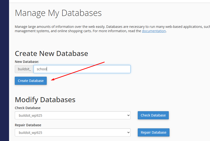 Creating the school database in HawkHost cPanel.