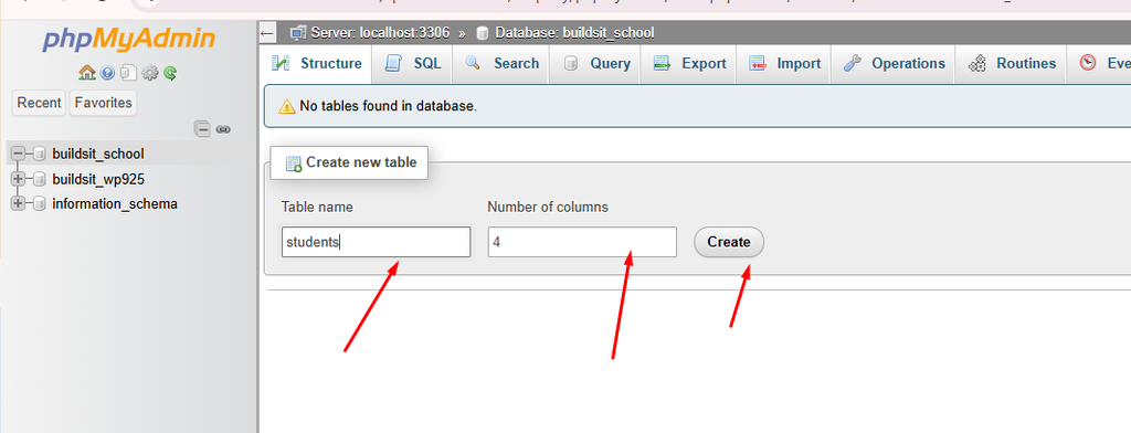  Creating the students table using SQL in phpMyAdmin.