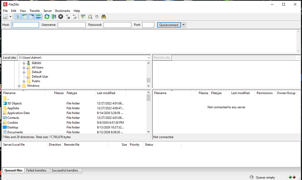 FileZilla FTP client main interface