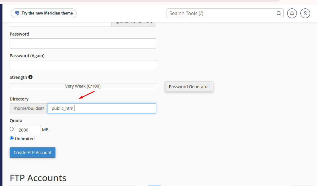  Choosing a directory for an FTP account in cPanel