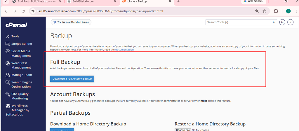 Full account backup option in HawkHost cPanel