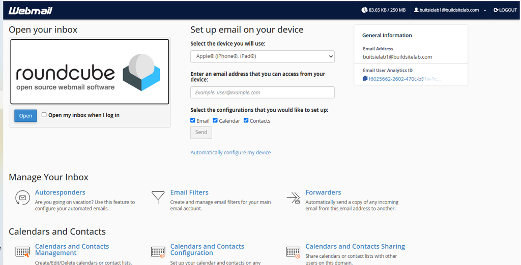 Alt text: Roundcube Webmail interface on HawkHost