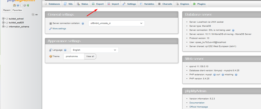  Exporting a WordPress database in phpMyAdmin