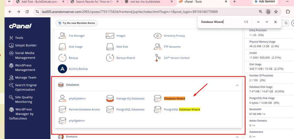 Database Wizard option in HawkHost cPanel